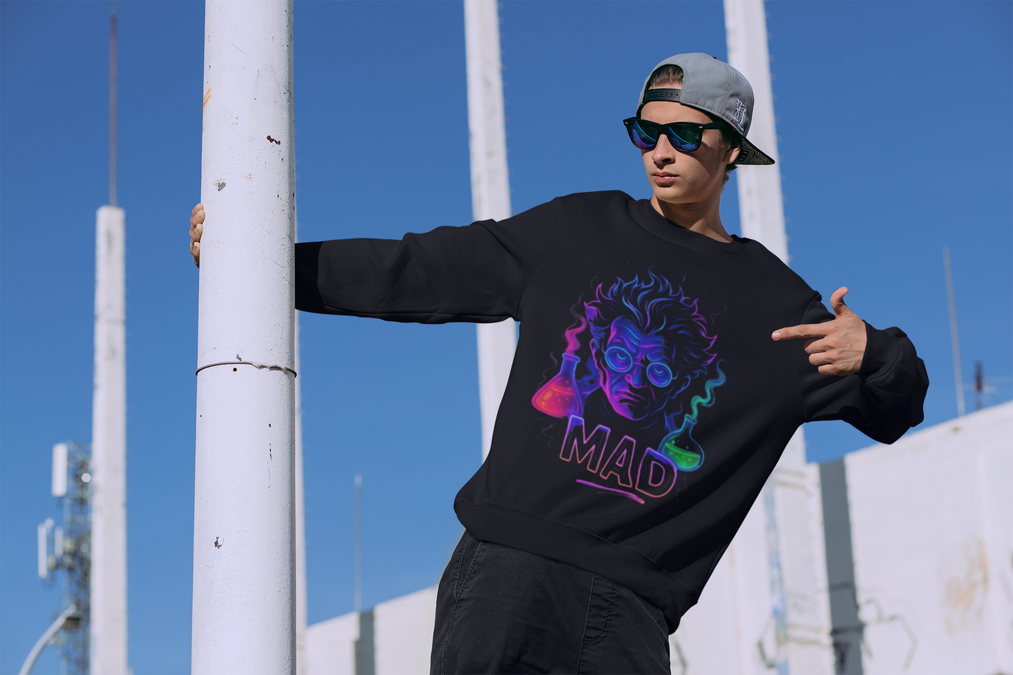 JABU Neon Madness: Bold Streetwear Sweatshirt with Electric Scientist Design for NZ & AU Trendsetters JABU© • JustAboutBeingU®