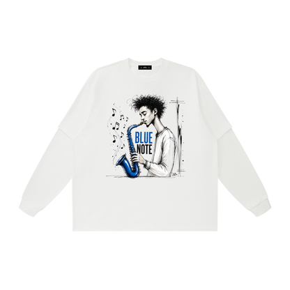 Blue Note Saxophone Graphic Layered Oversized T Shirt