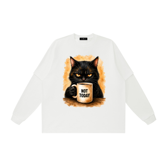Not Today Coffee Cat Graphic Layered Oversized T Shirt