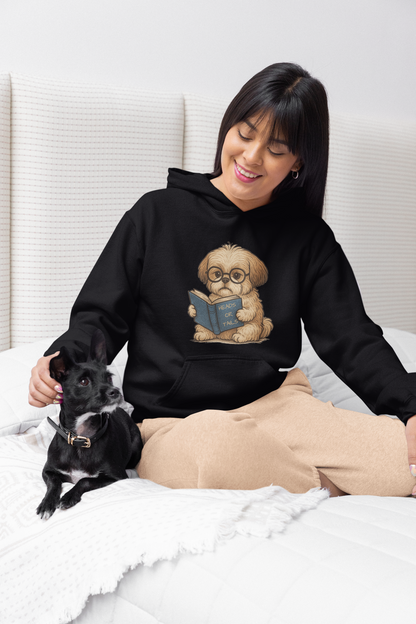 ✅ AU/NZ Cute Reading Puppy Hoodie, Cozy Pet Lover Sweatshirt, Gift for Dog Owners, Studying at Home Wear, Adorable Animal Sweatshirt