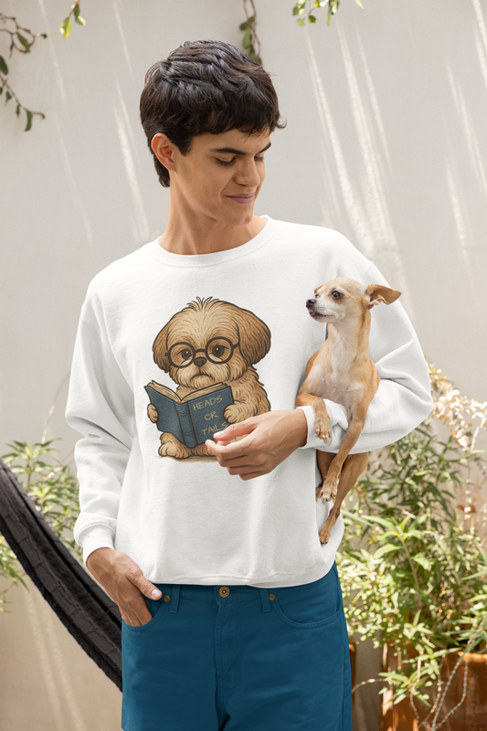 ✅ AU/NZ, Heads Or Tails, Cute Dog Reading Sweatshirt, Cozy Pup Crewneck, Animal Lover Gift, Dog Lover Apparel, Perfect for Book Lovers