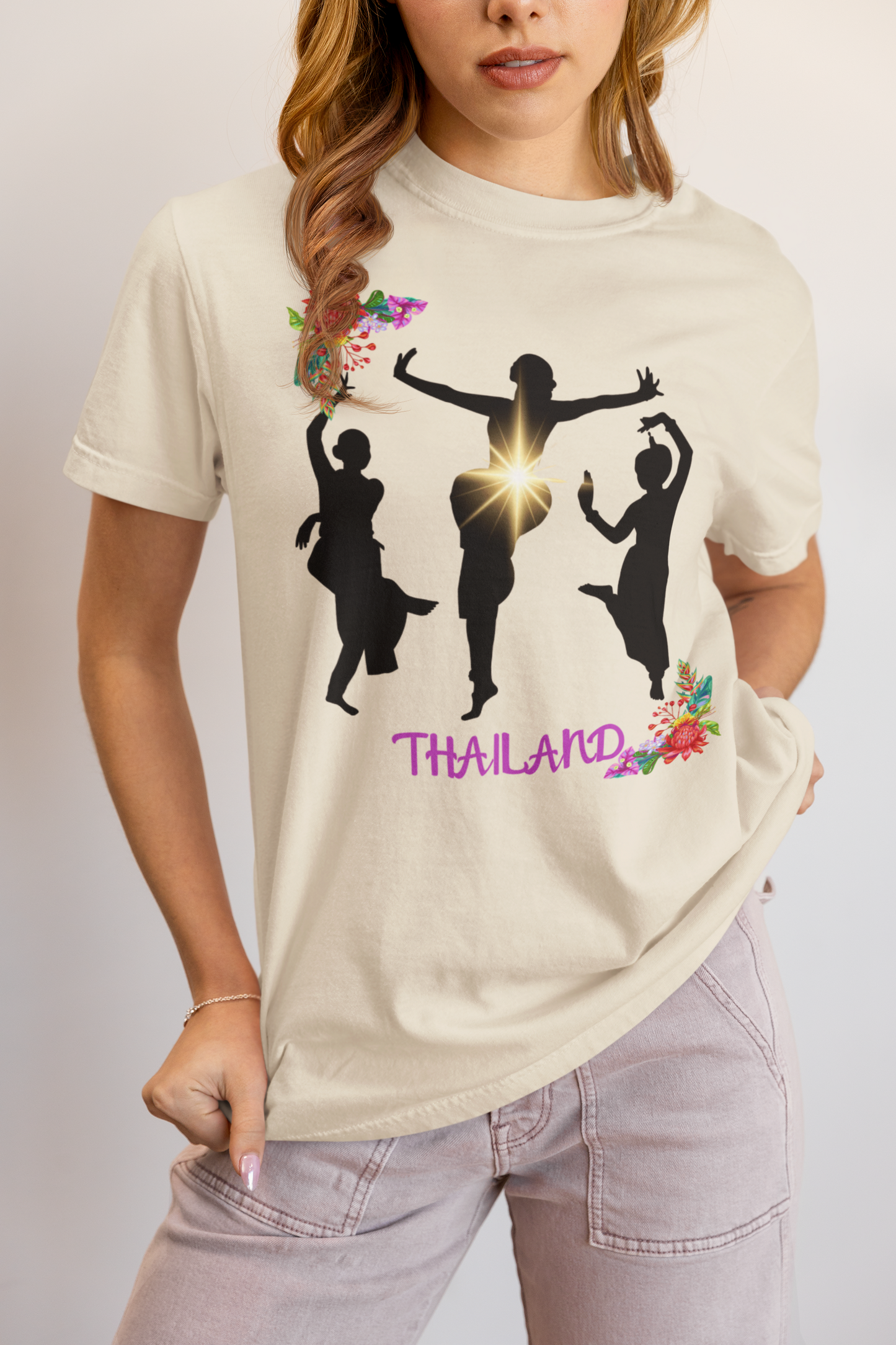 ✅ AU/NZ, Comforts Colours 1717, Thailand Floral Silhouette Unisex T-Shirt - Celebrate Culture & Dance, Made for Travel!