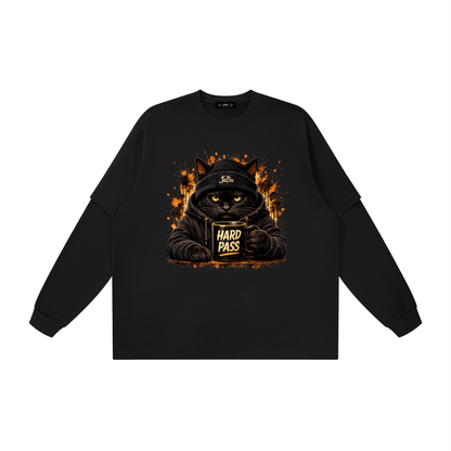 Hard Pass Cat Graphic Layered Oversized T-Shirt